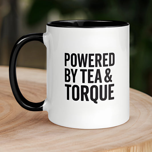 Powered by Tea & Torque Mug – Irish Rally Gift with Coloured Rim